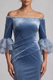 Dusty Blue Velvet Mermaid Beaded Ruched Long Holiday Party Dress with Sleeves