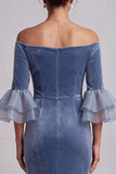 Dusty Blue Velvet Mermaid Beaded Ruched Long Holiday Party Dress with Sleeves