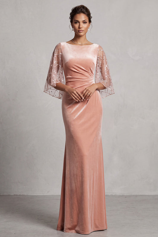 Peach Mermaid Velvet Sequins Ruched Long Mother of the Bride Dress with Sleeves