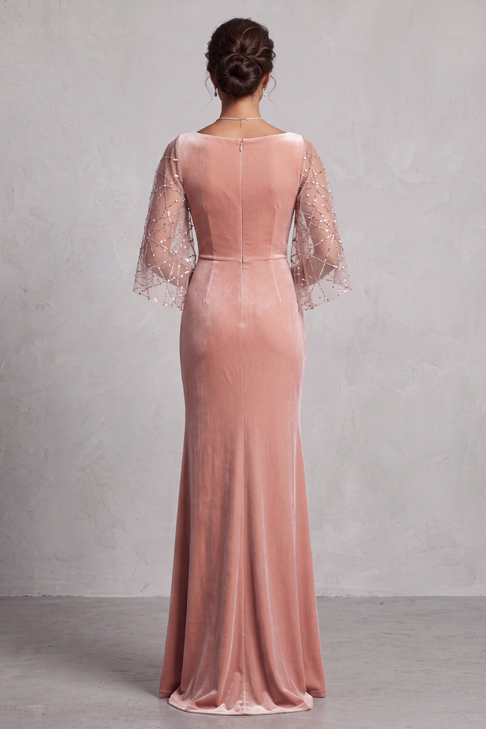Peach Mermaid Velvet Sequins Ruched Long Mother of the Bride Dress with Sleeves