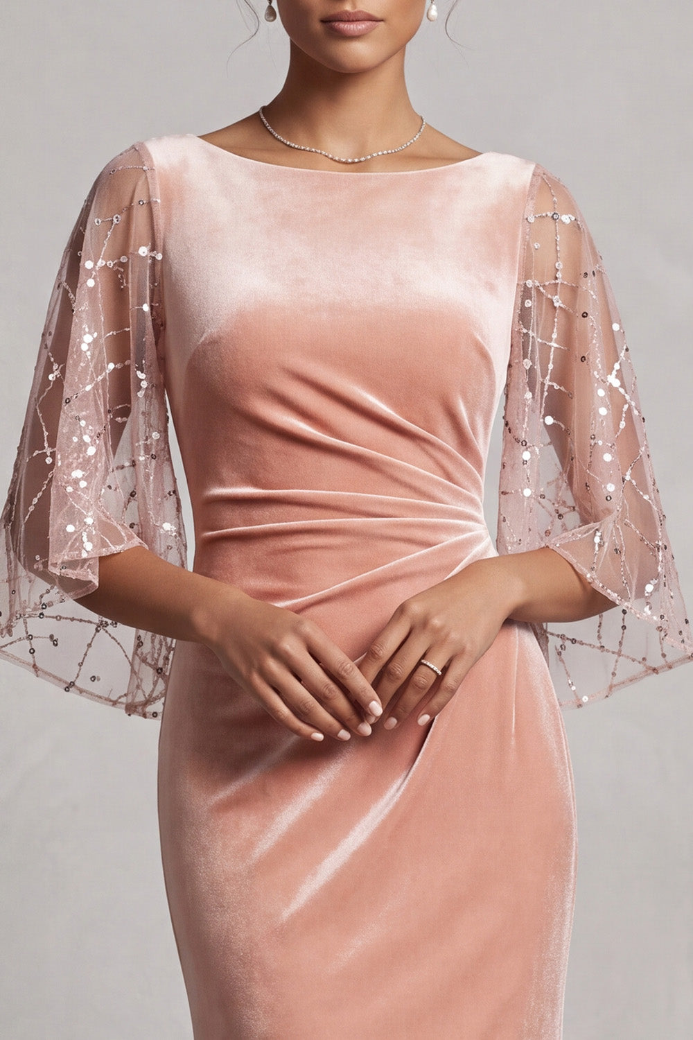 Peach Mermaid Velvet Sequins Ruched Long Mother of the Bride Dress with Sleeves