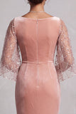 Peach Mermaid Velvet Sequins Ruched Long Mother of the Bride Dress with Sleeves