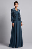 Peacock Blue 2 Piece Velvet Floral A-Line Long Mother of the Bride Dress with Jacket