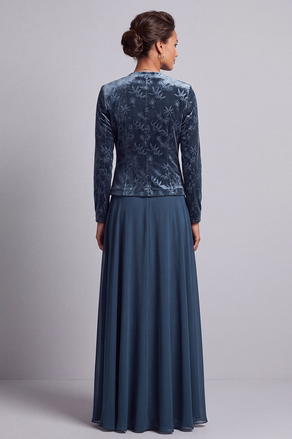 Peacock Blue 2 Piece Velvet Floral A-Line Long Mother of the Bride Dress with Jacket