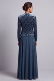 Peacock Blue 2 Piece Velvet Floral A-Line Long Mother of the Bride Dress with Jacket