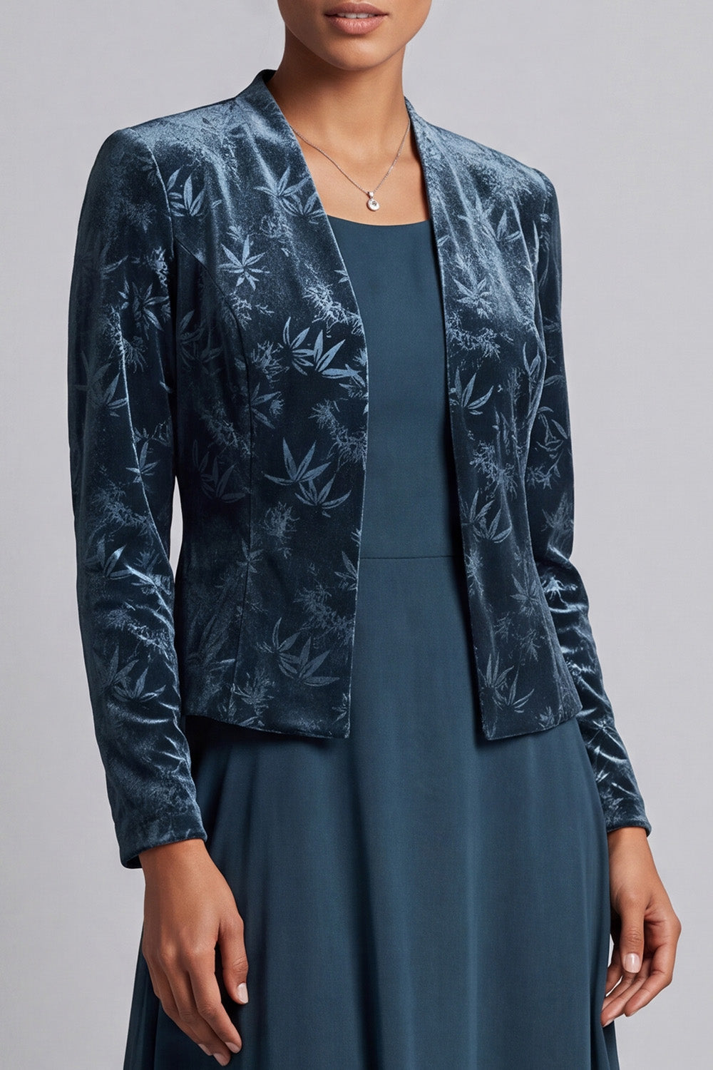Peacock Blue 2 Piece Velvet Floral A-Line Long Mother of the Bride Dress with Jacket