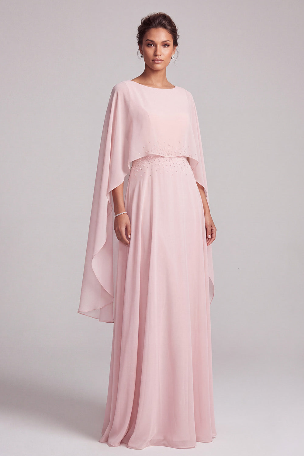 Blush A-Line 2 Piece Chiffon Round Neck Beaded Long Mother of the Bride Dress with Cape