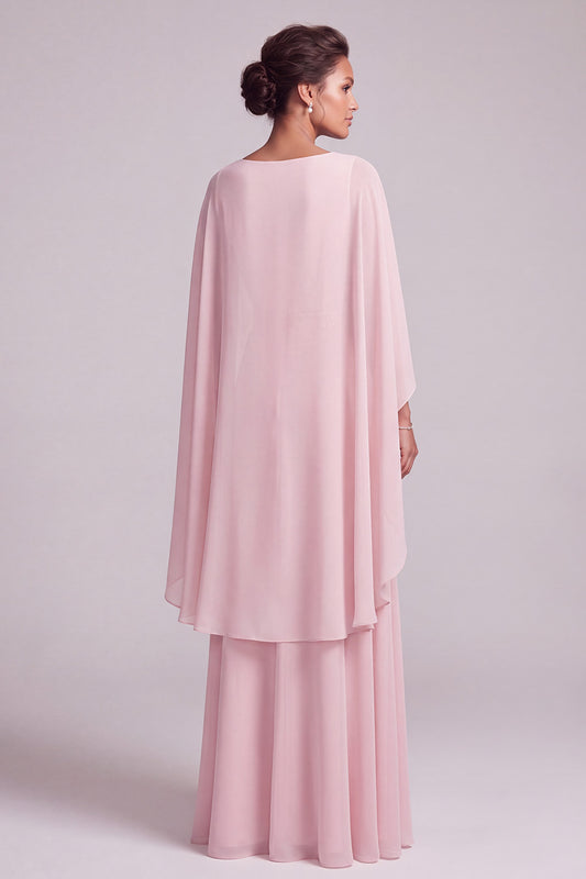 Blush A-Line 2 Piece Chiffon Round Neck Beaded Long Mother of the Bride Dress with Cape