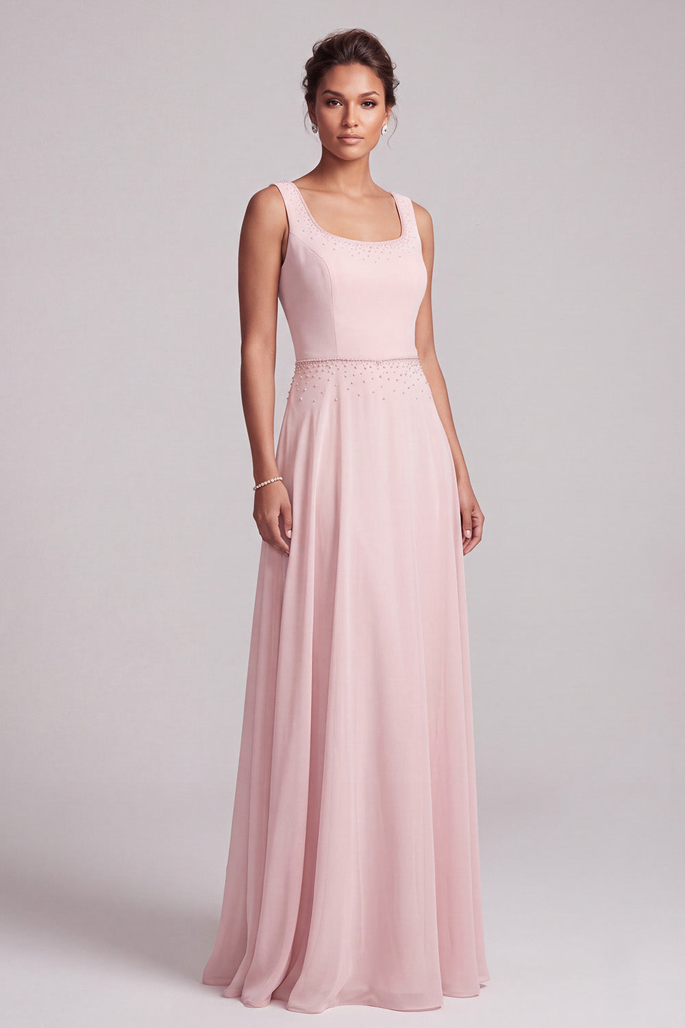 Blush A-Line 2 Piece Chiffon Round Neck Beaded Long Mother of the Bride Dress with Cape