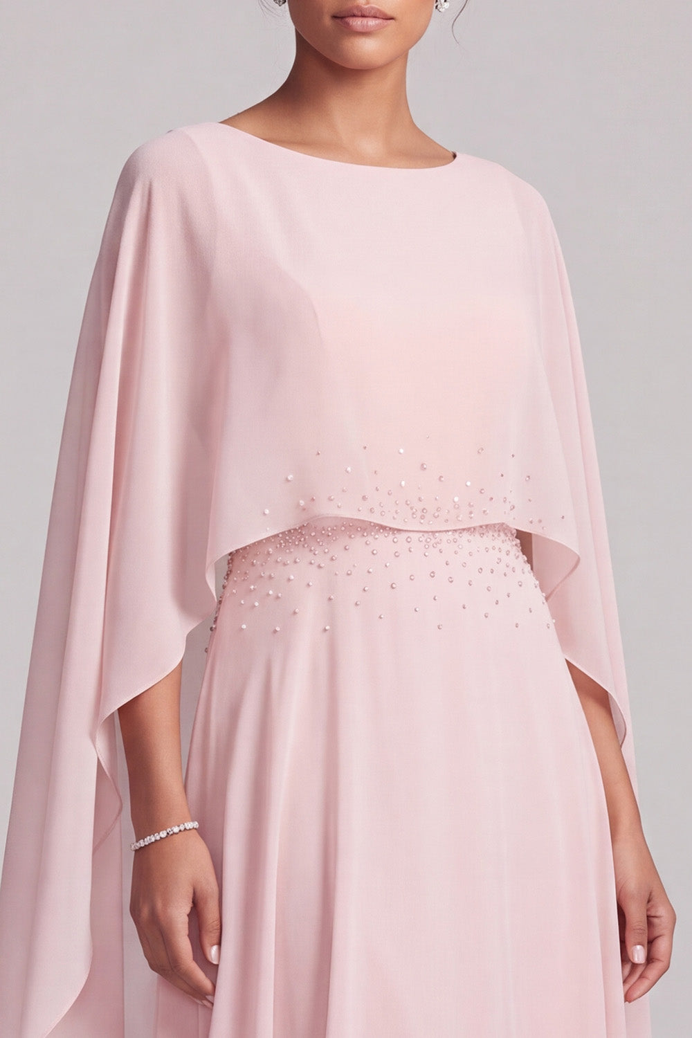 Blush A-Line 2 Piece Chiffon Round Neck Beaded Long Mother of the Bride Dress with Cape