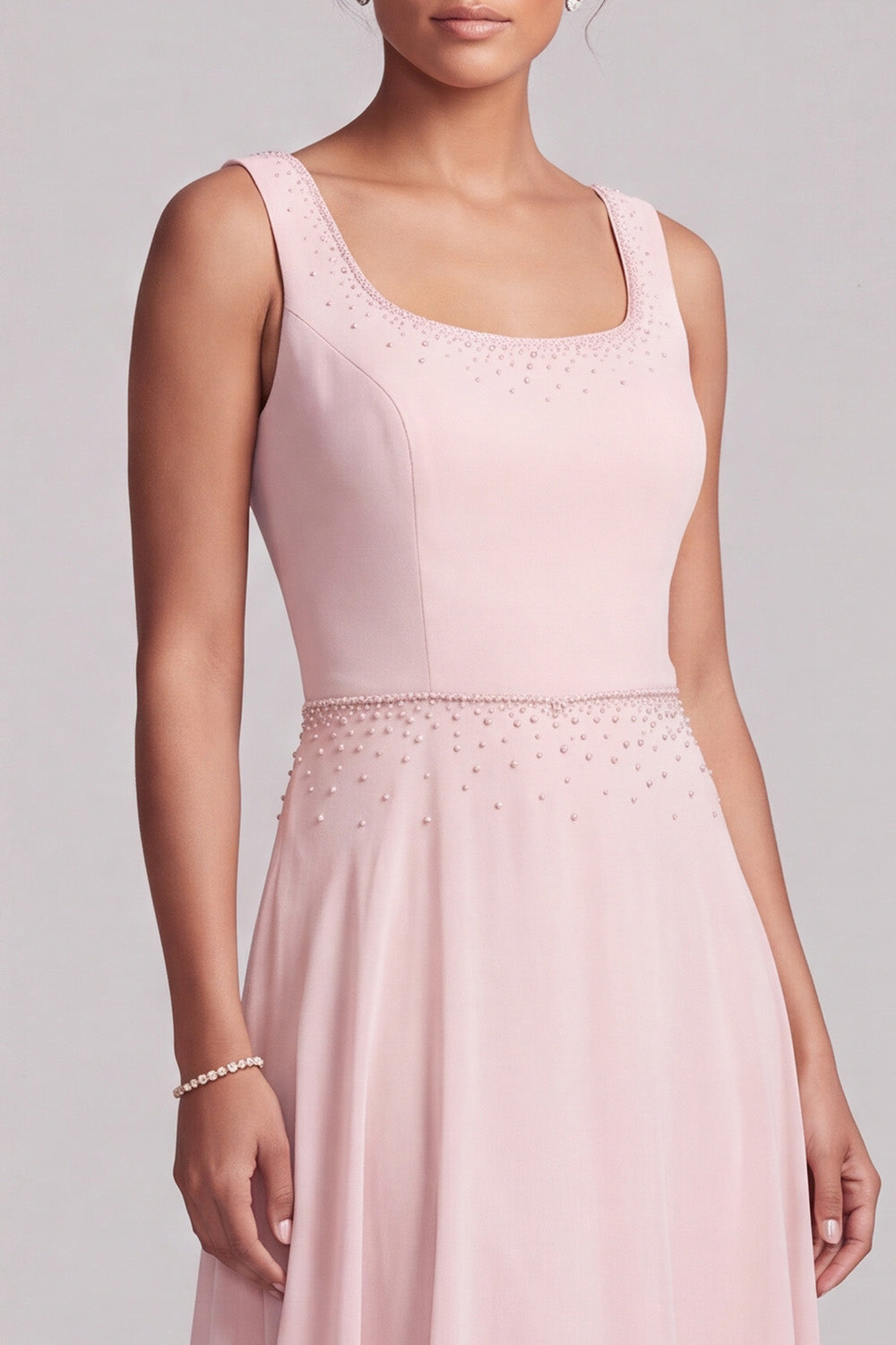 Blush A-Line 2 Piece Chiffon Round Neck Beaded Long Mother of the Bride Dress with Cape