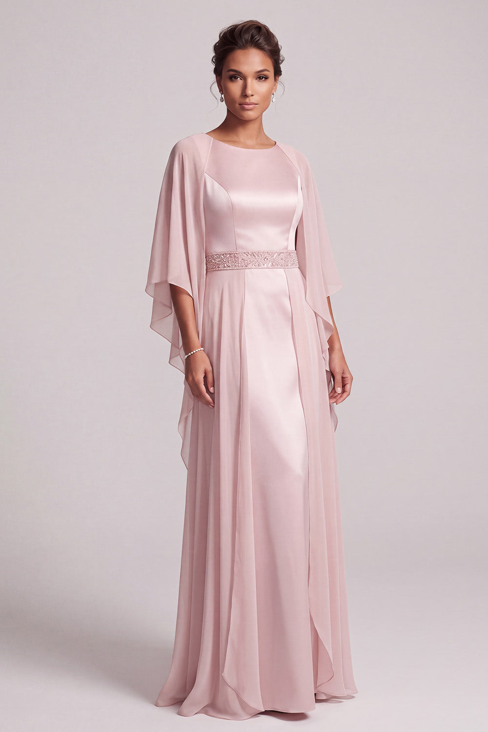 Blush Sheath Round Neck Beaded Long Satin Mother of the Bride Dress with Cape