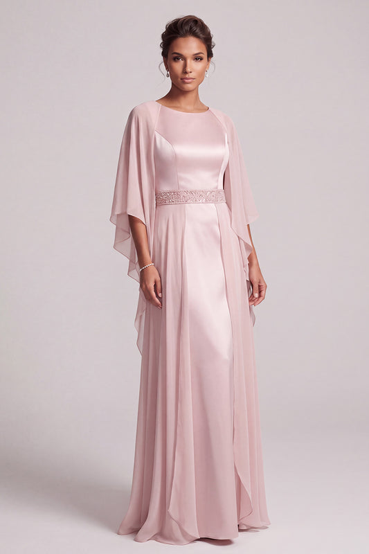 Blush Sheath Round Neck Beaded Long Satin Mother of the Bride Dress with Cape