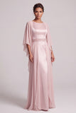 Blush Sheath Round Neck Beaded Long Satin Mother of the Bride Dress with Cape