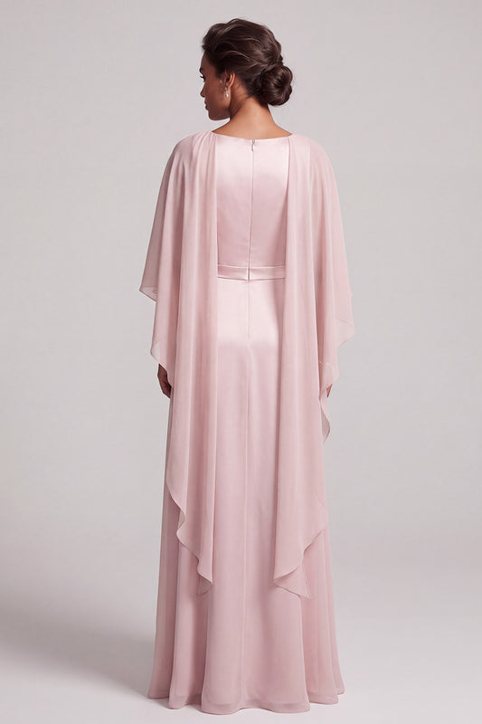 Blush Sheath Round Neck Beaded Long Satin Mother of the Bride Dress with Cape