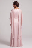 Blush Sheath Round Neck Beaded Long Satin Mother of the Bride Dress with Cape