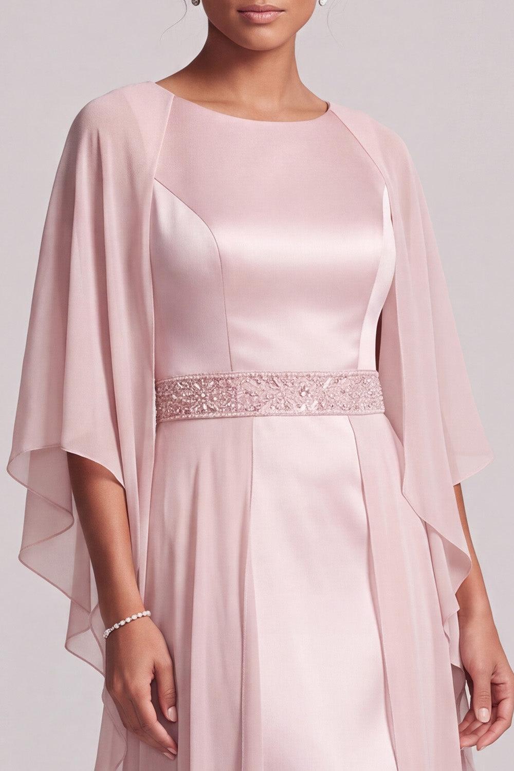 Blush Sheath Round Neck Beaded Long Satin Mother of the Bride Dress with Cape