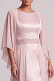 Blush Sheath Round Neck Beaded Long Satin Mother of the Bride Dress with Cape