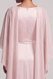 Blush Sheath Round Neck Beaded Long Satin Mother of the Bride Dress with Cape