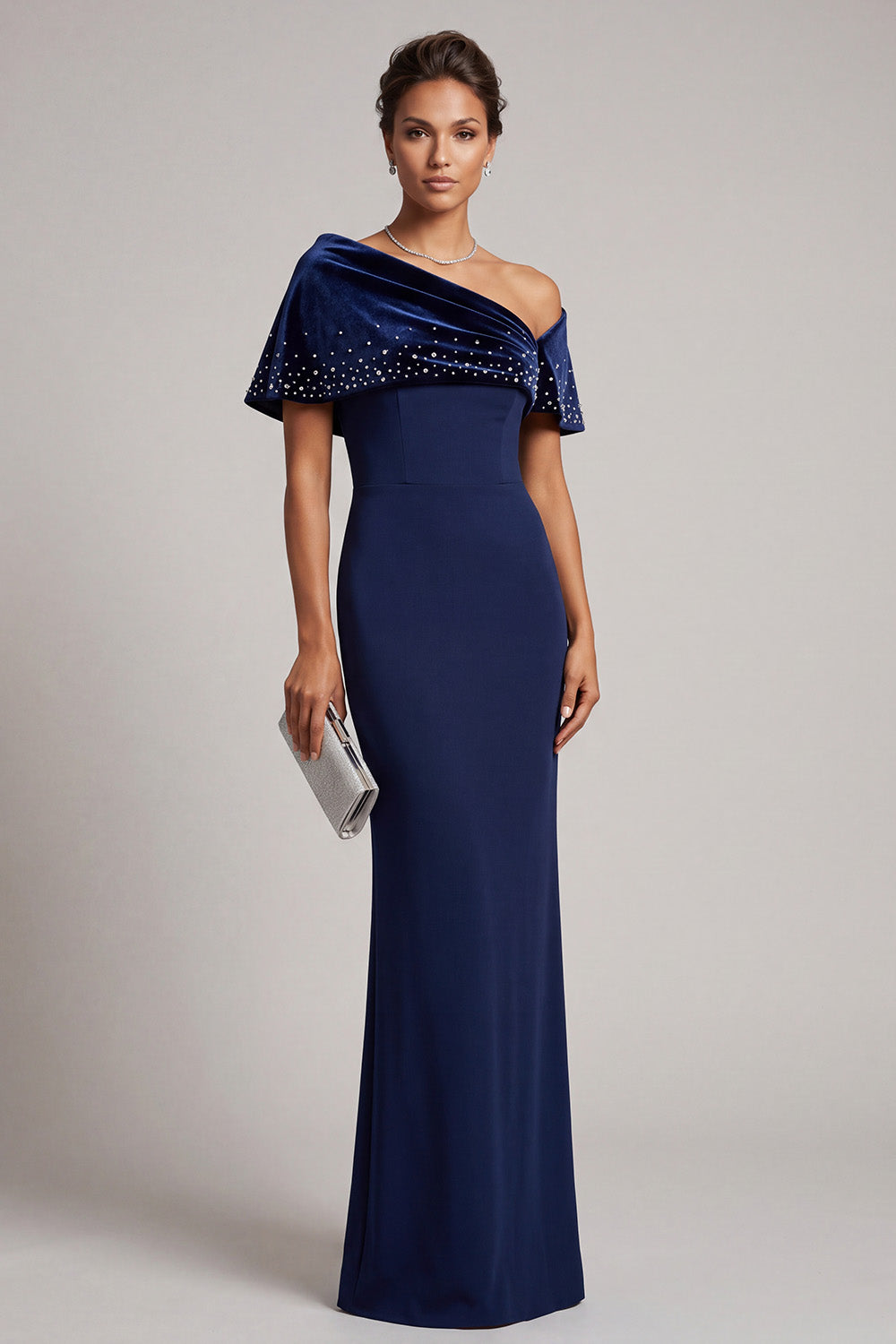 Dark Blue Mermaid Beaded Asymmetrical Neck Satin Long Mother of the Bride Dress with Cape