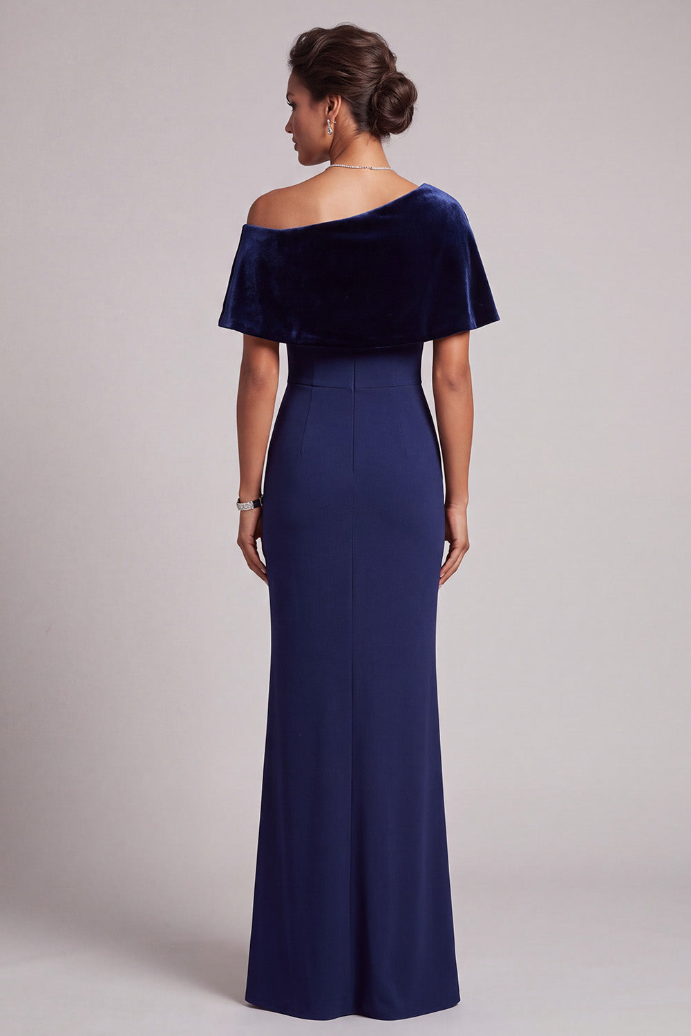 Dark Blue Mermaid Beaded Asymmetrical Neck Satin Long Mother of the Bride Dress with Cape
