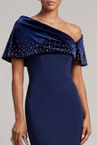 Dark Blue Mermaid Beaded Asymmetrical Neck Satin Long Mother of the Bride Dress with Cape