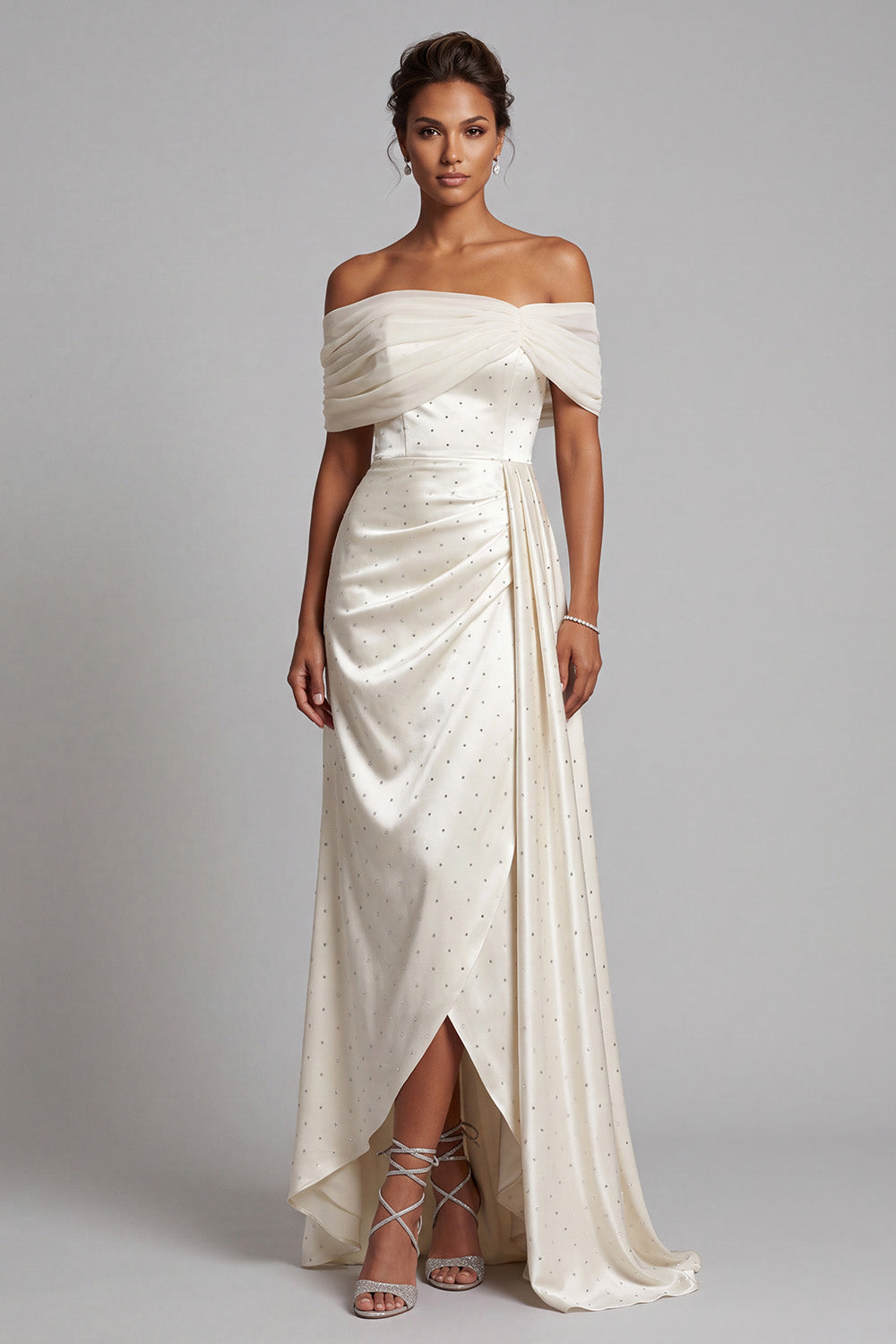 Sparkly Ivory Sheath Beaded Off the Shoulder Ruched High Low Formal Dress with Side Cape