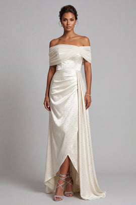 Sparkly Ivory Sheath Beaded Off the Shoulder Ruched High Low Formal Dress with Side Cape