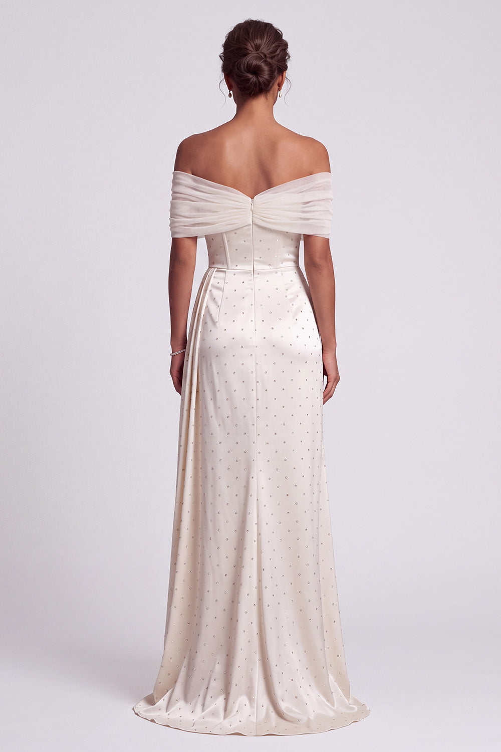 Sparkly Ivory Sheath Beaded Off the Shoulder Ruched High Low Formal Dress with Side Cape
