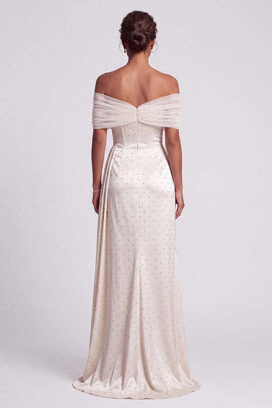 Sparkly Ivory Sheath Beaded Off the Shoulder Ruched High Low Formal Dress with Side Cape