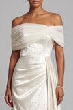 Sparkly Ivory Sheath Beaded Off the Shoulder Ruched High Low Formal Dress with Side Cape