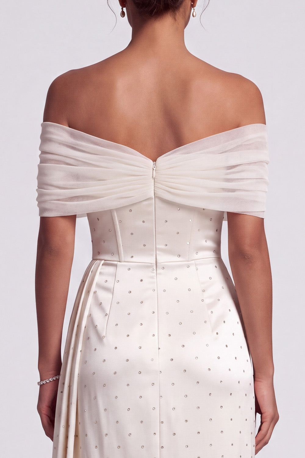 Sparkly Ivory Sheath Beaded Off the Shoulder Ruched High Low Formal Dress with Side Cape
