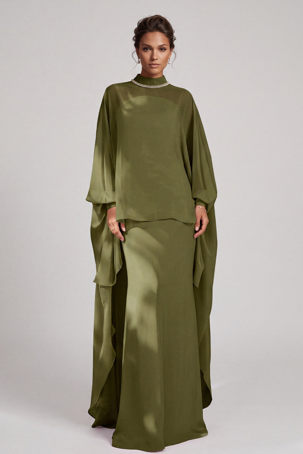 Olive Sheath High Neck Beaded Chiffon Long Sleeves Mother of the Bride Dress with Cape