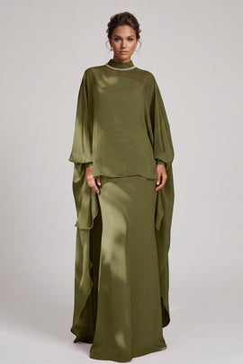 Olive Sheath High Neck Beaded Chiffon Long Sleeves Mother of the Bride Dress with Cape