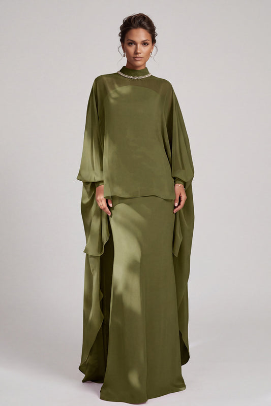 Olive Sheath High Neck Beaded Chiffon Long Sleeves Mother of the Bride Dress with Cape