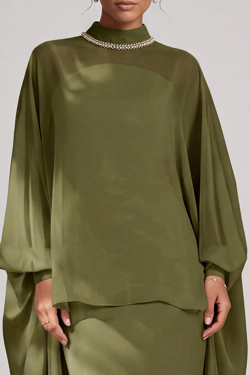 Olive Sheath High Neck Beaded Chiffon Long Sleeves Mother of the Bride Dress with Cape