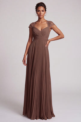Simple Coffee Chiffon A-Line Pleated Long Formal Dress with Lace