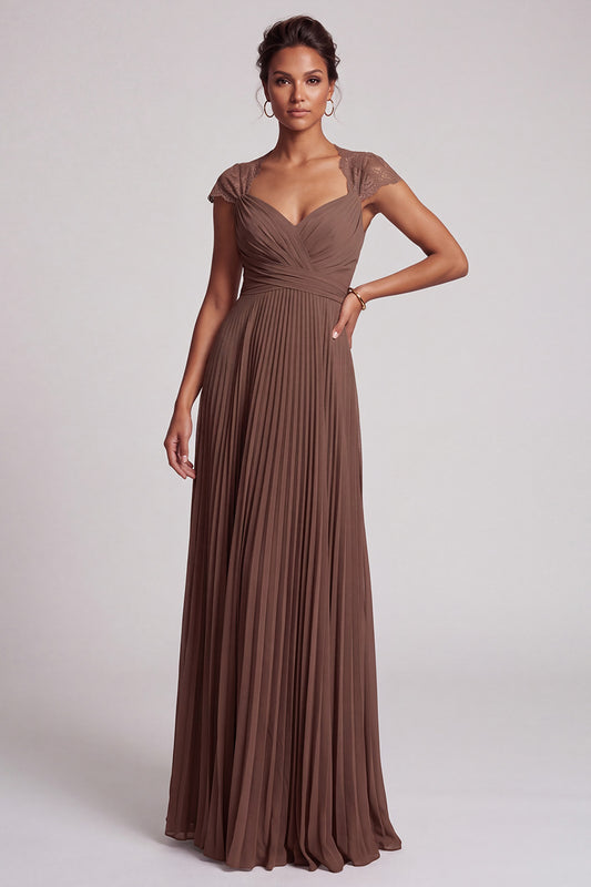 Simple Coffee Chiffon A-Line Pleated Long Formal Dress with Lace