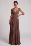 Simple Coffee Chiffon A-Line Pleated Long Formal Dress with Lace