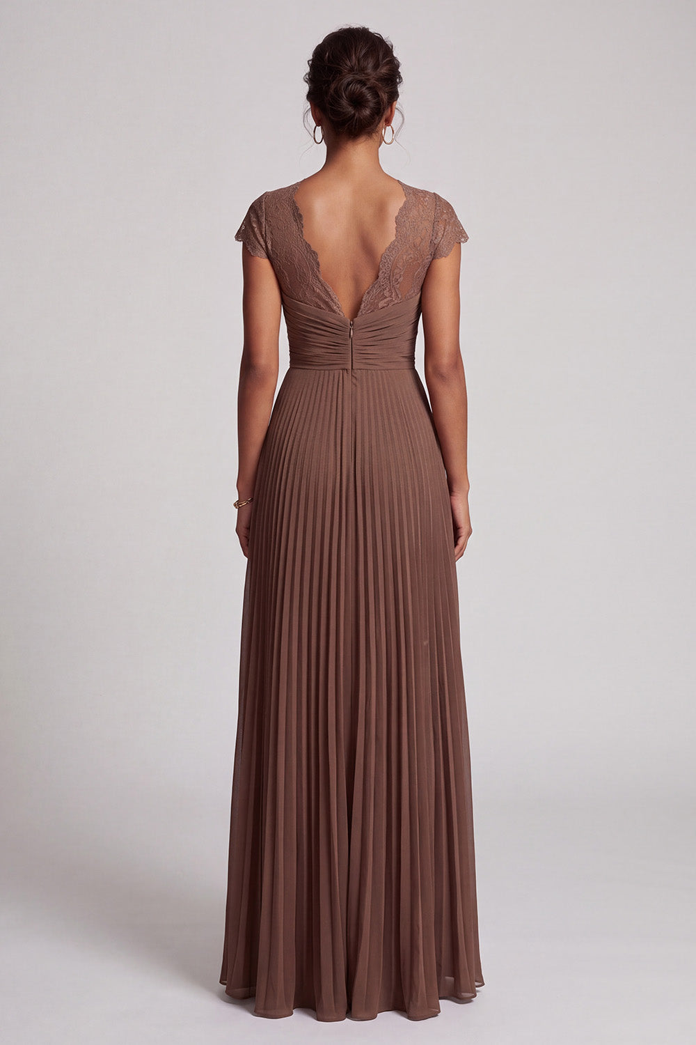 Simple Coffee Chiffon A-Line Pleated Long Formal Dress with Lace