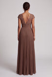 Simple Coffee Chiffon A-Line Pleated Long Formal Dress with Lace