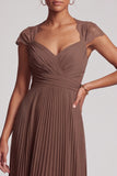 Simple Coffee Chiffon A-Line Pleated Long Formal Dress with Lace