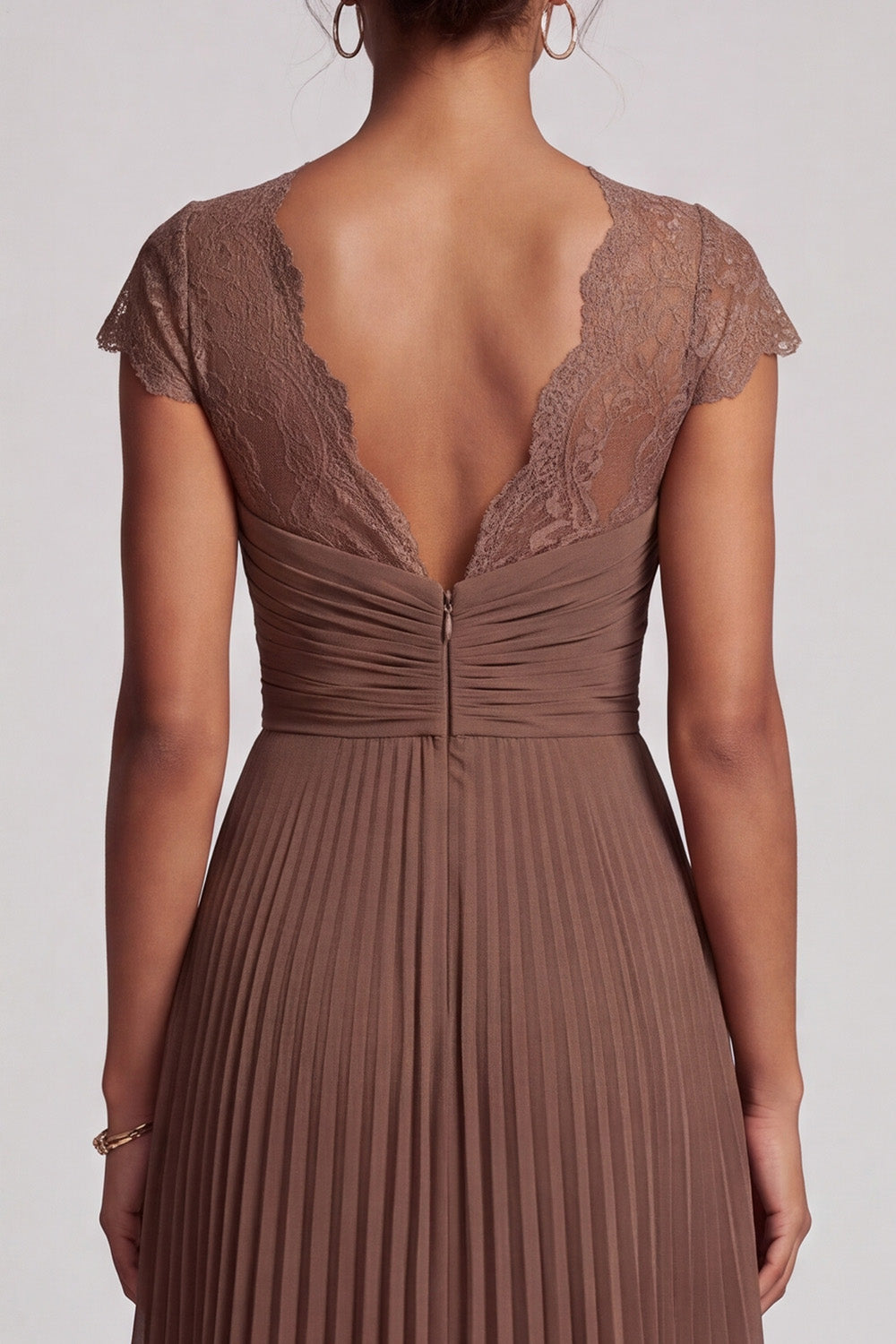 Simple Coffee Chiffon A-Line Pleated Long Formal Dress with Lace