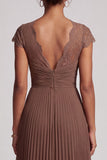 Simple Coffee Chiffon A-Line Pleated Long Formal Dress with Lace