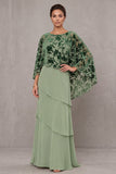 Dusty Sage Floral Tiered Sheath Beaded 2 Piece Long Mother of the Bride Dress with Cape