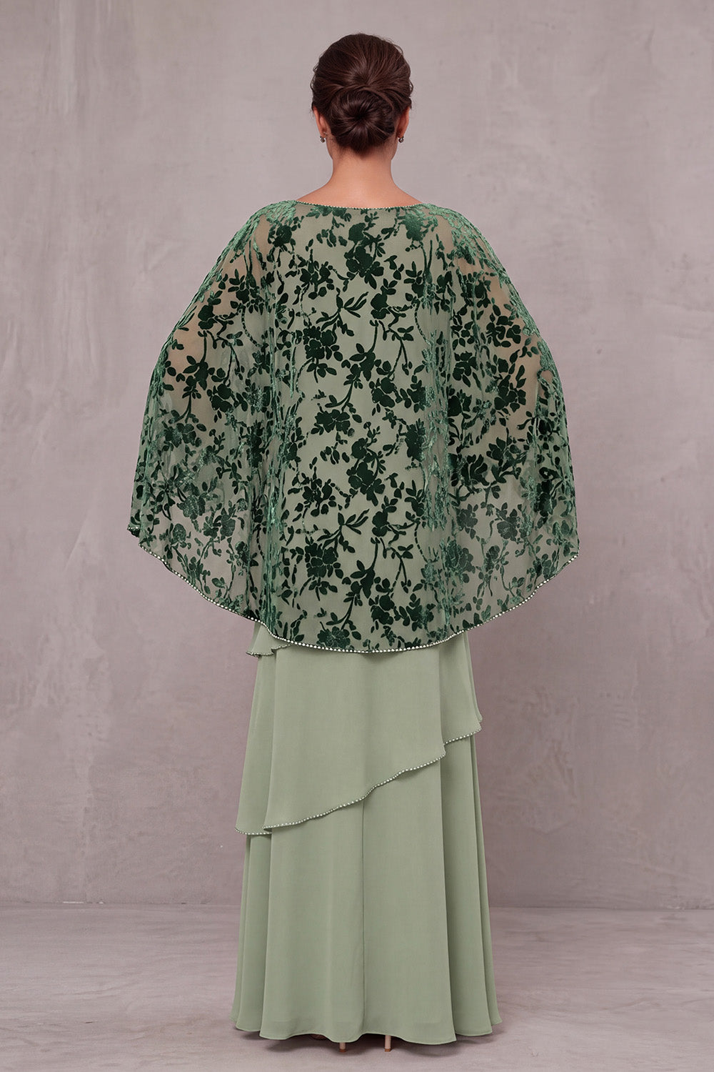 Dusty Sage Floral Tiered Sheath Beaded 2 Piece Long Mother of the Bride Dress with Cape