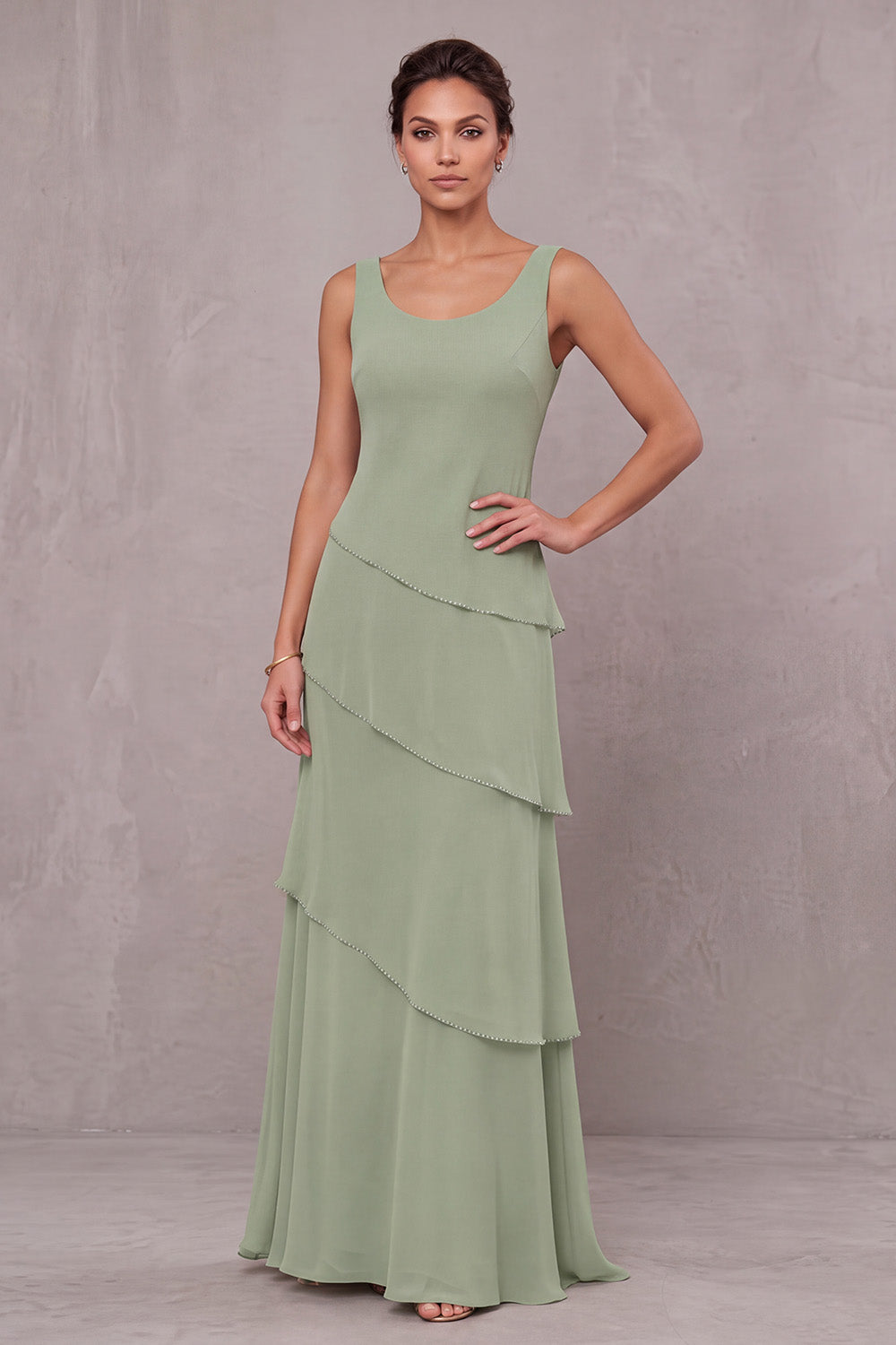 Dusty Sage Floral Tiered Sheath Beaded 2 Piece Long Mother of the Bride Dress with Cape