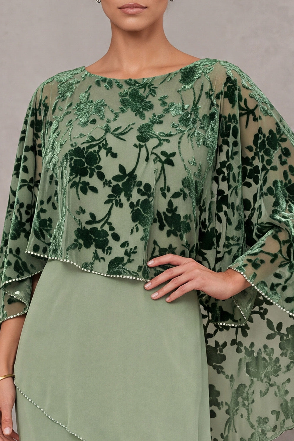 Dusty Sage Floral Tiered Sheath Beaded 2 Piece Long Mother of the Bride Dress with Cape