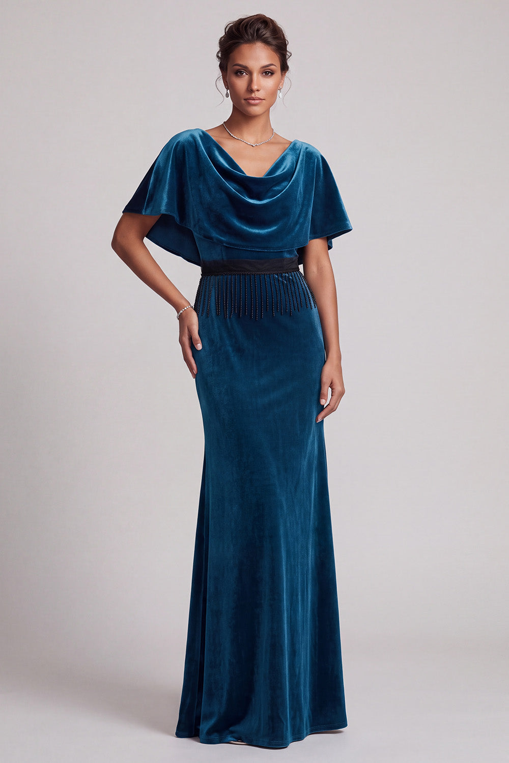 Peacock Blue Mermaid Beaded Cowl Neck Fringed Velvet Long Mother of the Bride Dress with Cape
