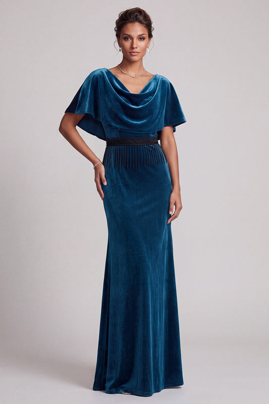 Peacock Blue Mermaid Beaded Cowl Neck Fringed Velvet Long Mother of the Bride Dress with Cape